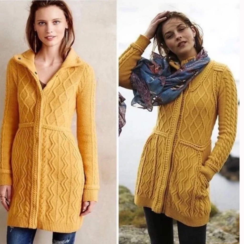 Anthropologie Mustard Yellow Cable-Knit Long Sweater Cardigan